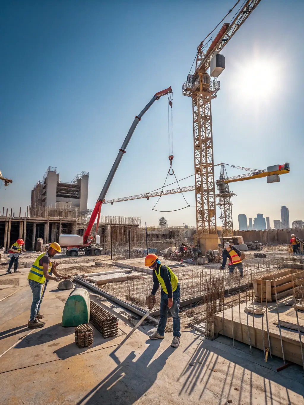 A construction site in Johannesburg, South Africa, with workers and heavy machinery, showcasing Contractorbase's expertise in managing complex construction projects.