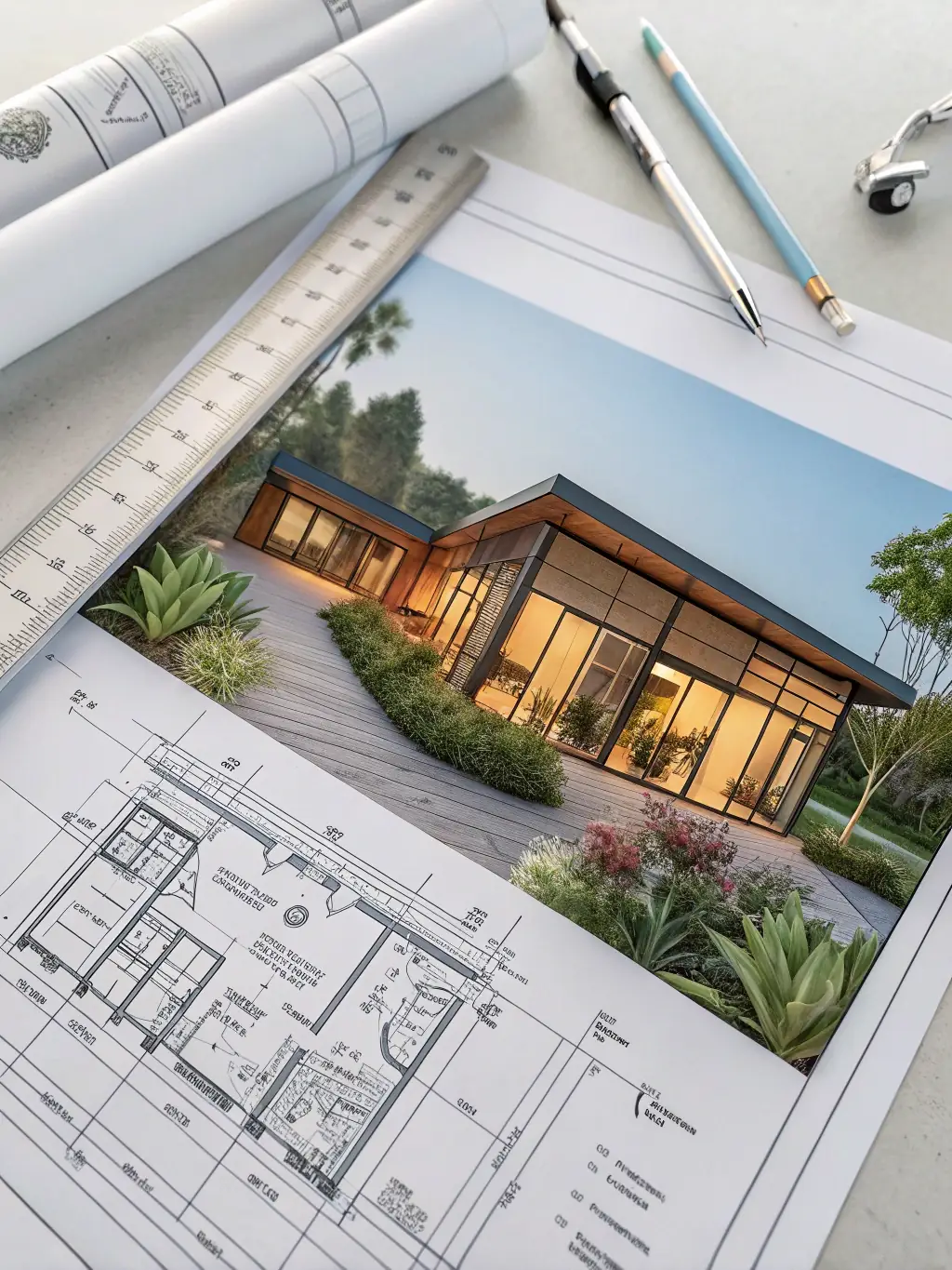 A blueprint of a sustainable building design with green spaces, representing Contractorbase's commitment to sustainable and innovative construction practices.